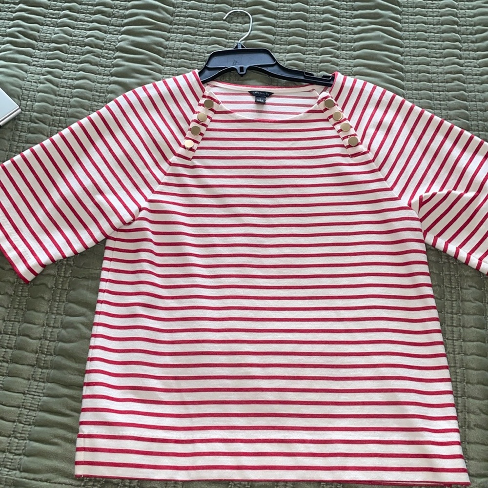 Preloved Ann Taylor cream and red striped metal button accented embellished top